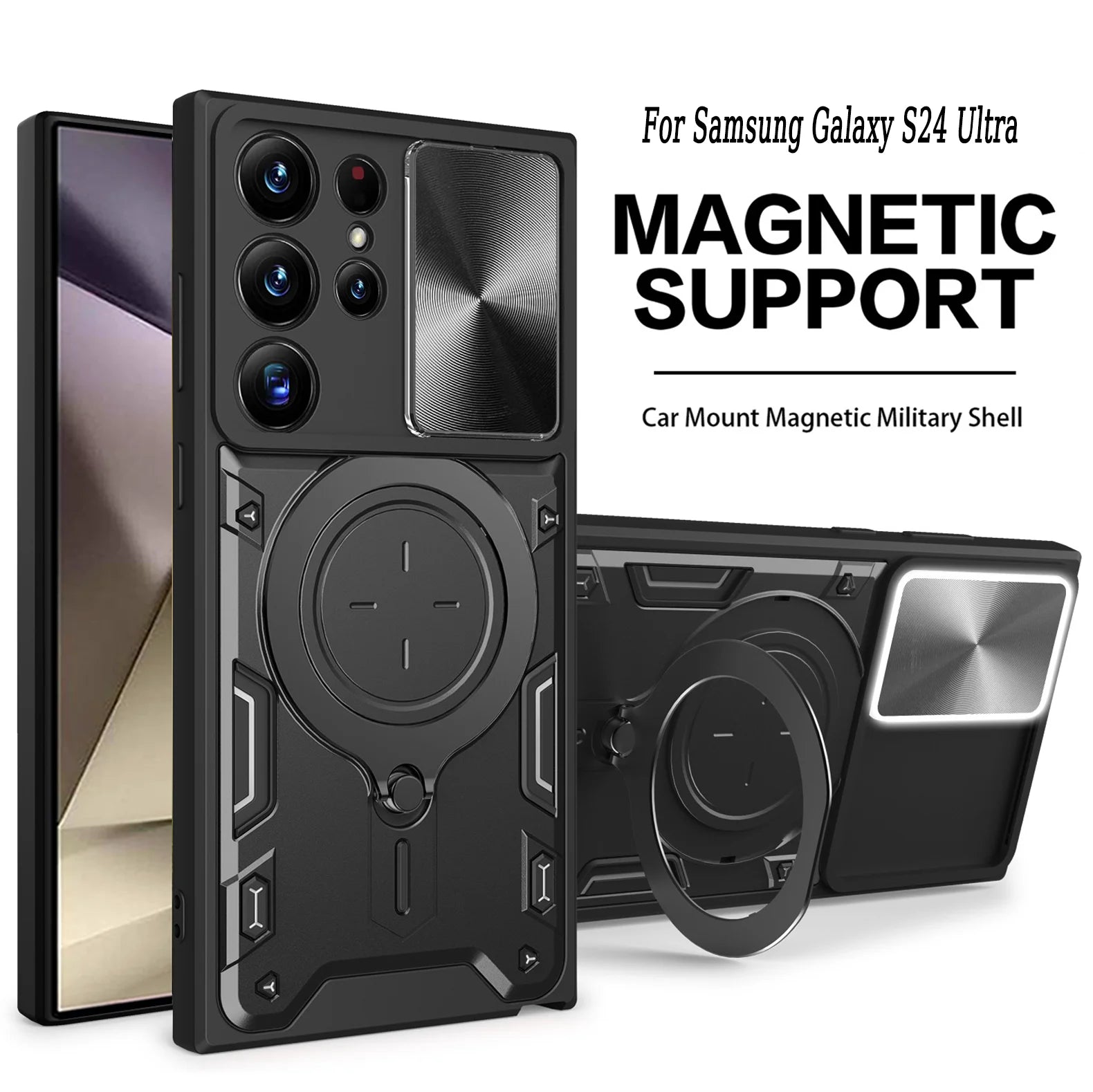 Camera Slide Window Protect Case for Samsung S24 Ultra S23 plus S22 S21 FE S20 FE Note 20 Ultra Magnetic Ring Holder Phone Cover